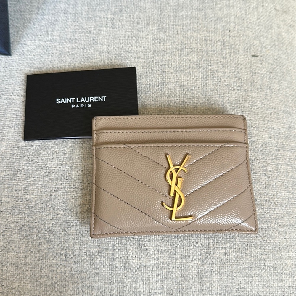 Saint Laurent YSL Beige Card Holder Grained Leather